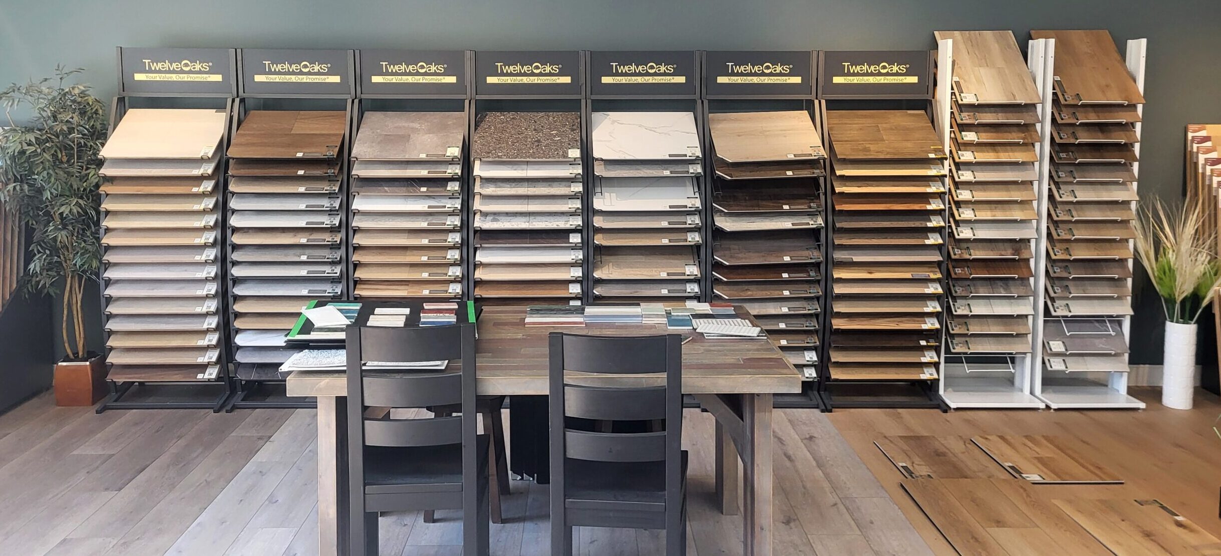 Luxury vinyl plank flooring display at Warwick Interiors showroom in Invermere