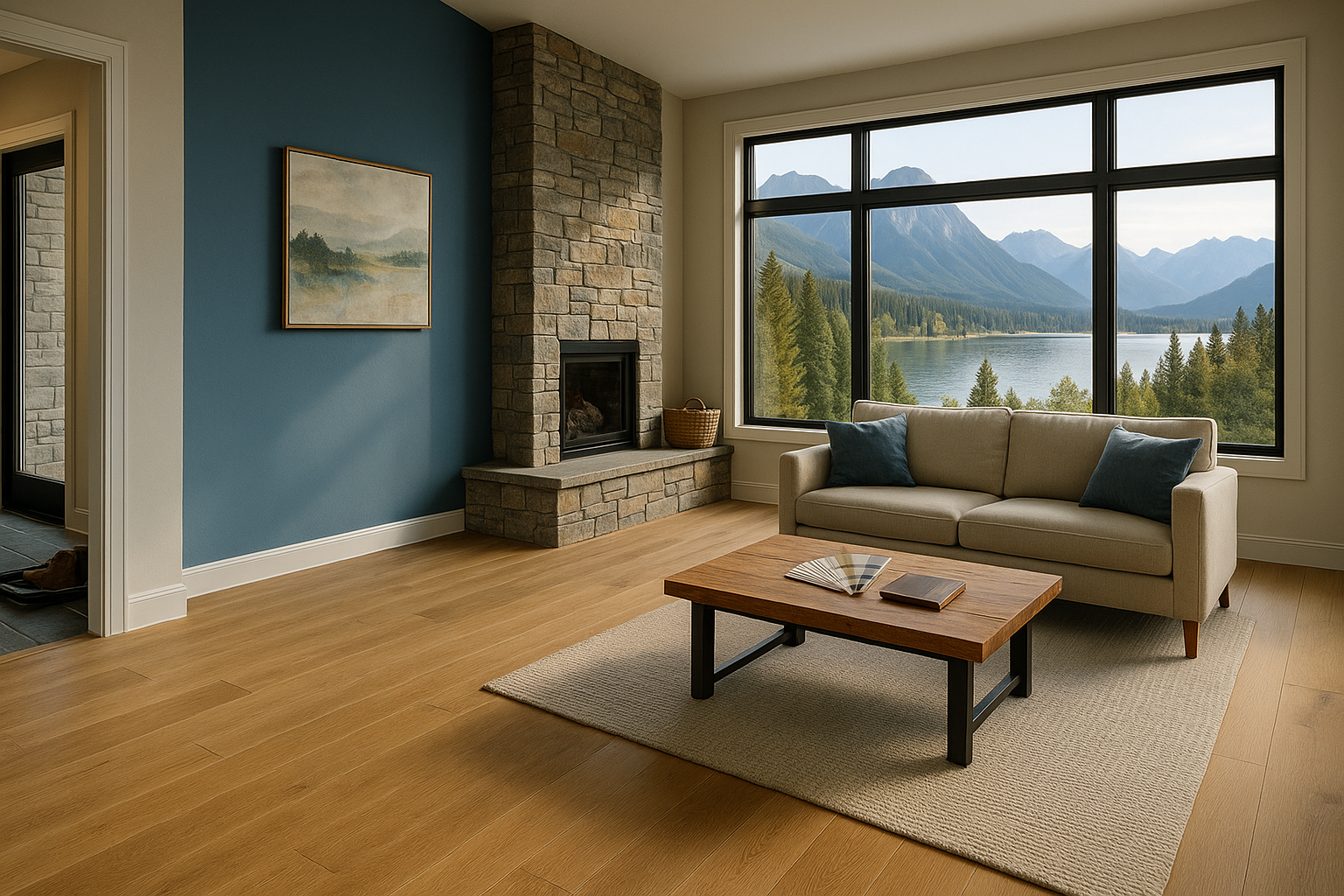 A bright, modern living room in a Columbia Valley mountain home with warm oak flooring, a deep blue accent wall, and a stone fireplace. Large windows reveal a stunning view of Lake Windermere surrounded by forest and mountains under clear sunlight. The space blends natural textures and soft paint tones, showing perfect harmony between flooring and wall colour.